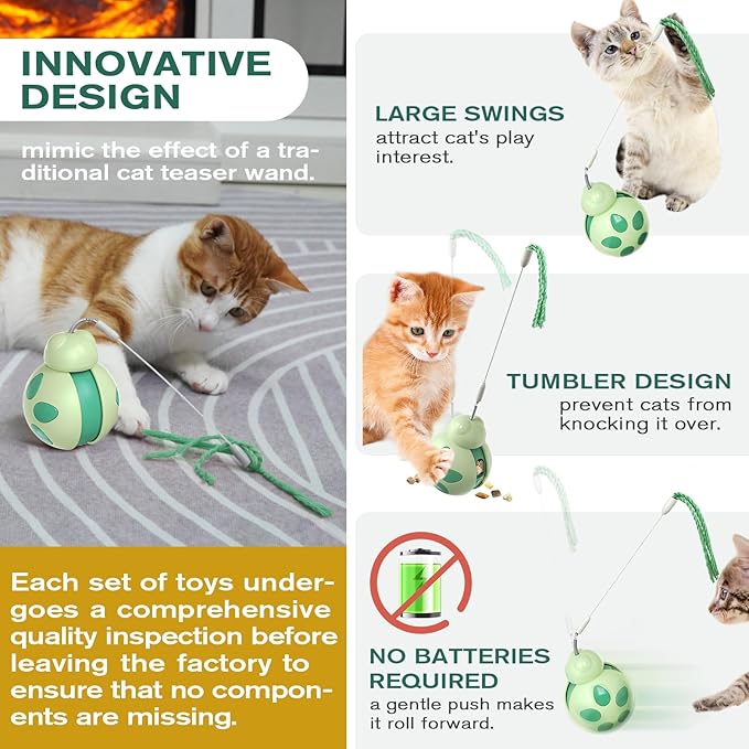 Cat Treat Interactive Toy, Indoor Puzzle Slow Feeding Mental Stimulation Sliding Rolling Cat Toy Ball with Cat Teaser, Cat Treat Dispenser Toy for Large, Medium and Small Cats (Green, ladybug)