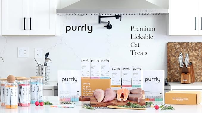 Purrly Interactive Lickable Cat Treats Low Calorie Human-Grade Chicken Breast & Turkey with L-Lysine & Astaxanthin for Immunity (30 Count) Non-Seafood Hydrating BPA-Free for All Ages