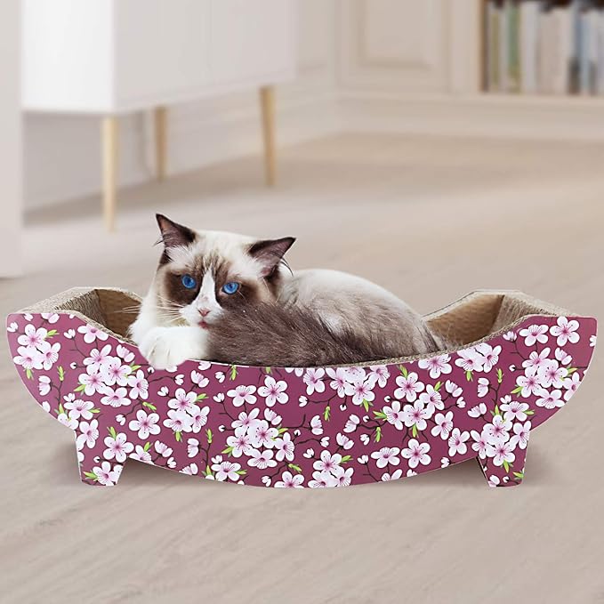 FluffyDream ScratchMe Cat Scratching Post Lounge Bed , Boat Shape Cat Scratcher Cardboard, Durable Recycle Board Pads Prevents Furniture Damage