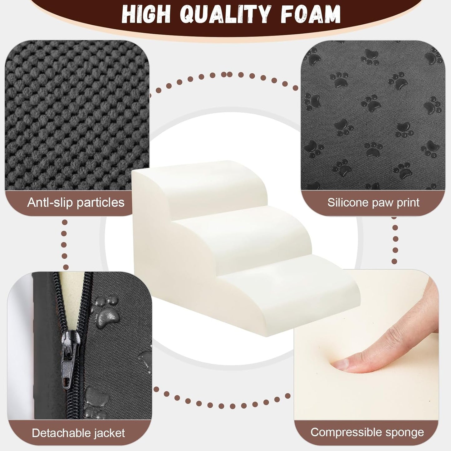 Dog Stairs for Small Dogs - High Density Foam Pet Steps, Extra Wide Dog Ramp with Non-Slip Bottom for High Beds, Couch and Sofa, Best for Dogs Injured, Older Doggy Cats,3 Steps, Black
