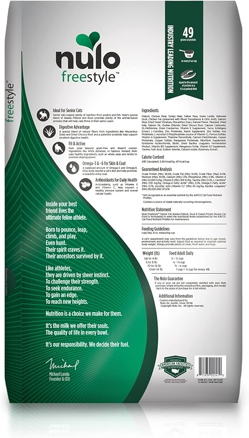 Nulo Freestyle High Protein Senior Cat Food, Alaska Pollock & Sweet Potato Recipe - Natural Grain-Free Dry Cat Food for Seniors with L-carnitine, Omega Fatty Acids, & Probiotics, 14 lb Bag