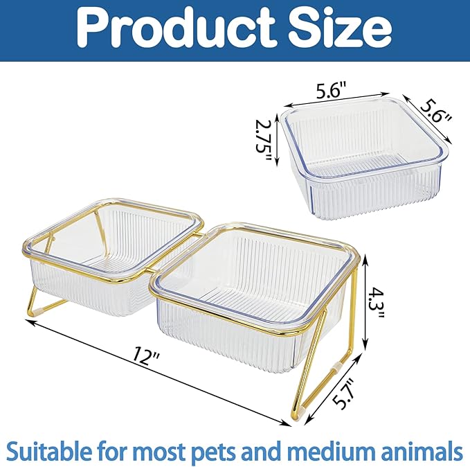 Elevated Double Cat Bowls,5.7" Pets Water and Food Bowl 15°Tilted Transparent Raised Kitten Food Feeding Dishes with Iron Stand Anti Slip Kitty Dishs Rose Gold Bowl Set for Kittiens Small Dogs