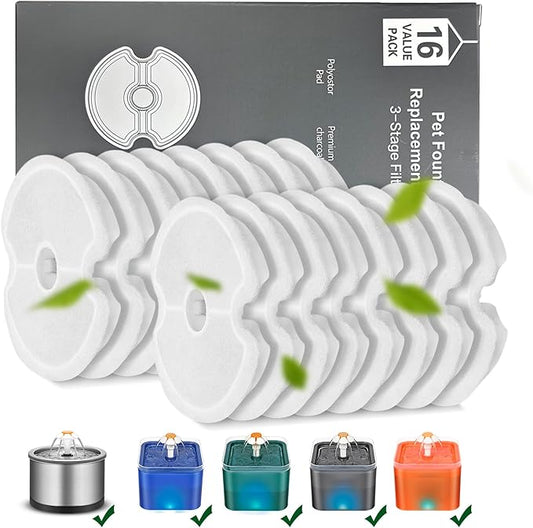Cat Water Fountain Filters, Multiple Filtration Pet Water Fountain Replacement Filter,8 or 12 Packs of Cotton Activated Carbon Cat Fountain Filters (Filter 16 pack)