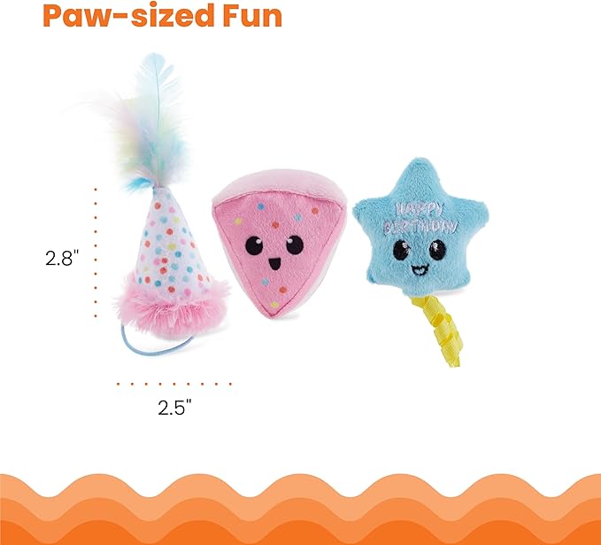 Catstages Happy Purrthday Cat Toys, 3-Pack Catnip Plush Toys with Crinkle, Feathers & Dental Mesh, Multicolored