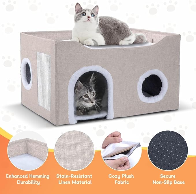 Cat House for Indoor Cats – Foldable Cat Cave & Covered Cat Bed, Cozy Hideaway for Small Pets and Large Cats (23.6"x16"x12.8"),Beige