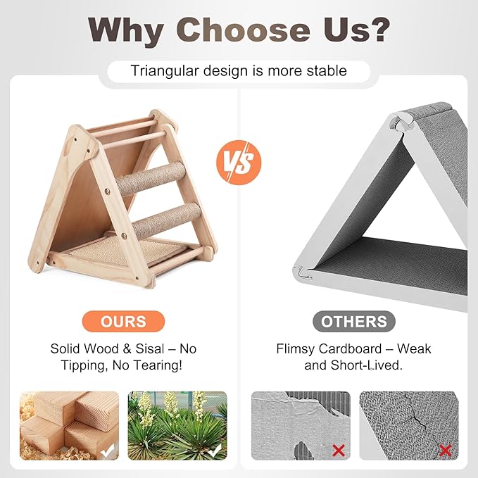 Sisal Cat Scratcher Board,Triangular Cat Scratch Ramp with Climbing Ladder,Wooden Scratching Board with 2 pcs Sisal Pad for Kittens and Small Animals Indoor Use