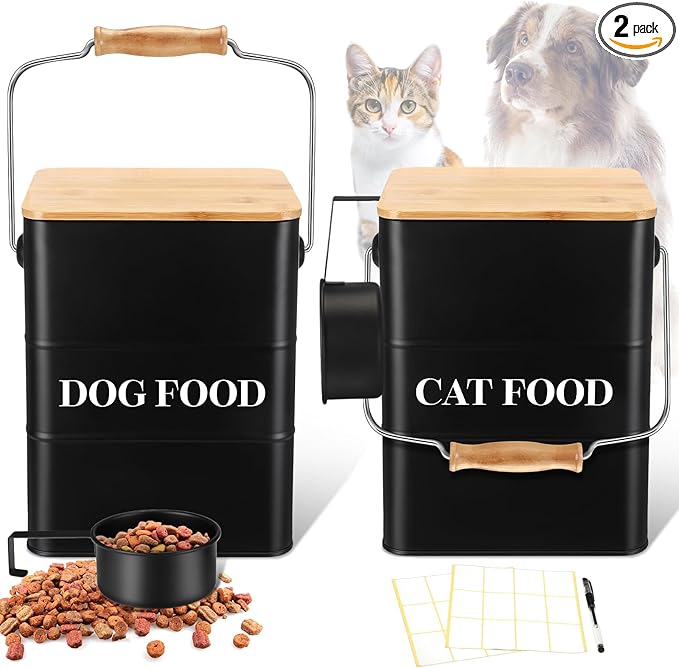 Tioncy 2 Pcs Metal Dog and Cat Food Storage Containers Big Pet Food Containers with Bamboo Lids and Spoon Airtight 5-7 Lbs Dog Cat Treat Snack Jars with DIY Labels for Kitchen Counter(Black)