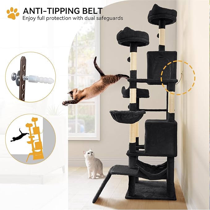 YITAHOME Tall Cat Tree for Indoor Cats, 75 inch Multi-Level Cat Tower with Cat Condos, Top Perches, Sisal Ramp Scratching Posts, Cozy Basket, Hammocks, Large Cat Pet Activity Structure, Black