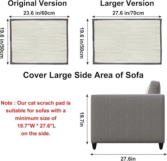 Large Size Cat Scratch Sofa Protector,27.5inch*19.6inch Sisal Couch Protector from Cats/Dogs Scratching for Big Arm Sofa use (Dark Grey/Right Handed)
