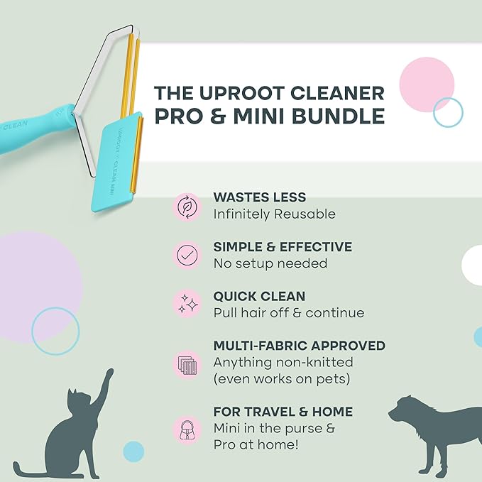 Uproot Cleaner Pro Pet Hair Remover & Mini - Pet Hair Removal Tool Multi Fabric Edge & Carpet Scraper - Cat for Couch, Cat Towers, Car Detailing The Furry-Situation Survival Kit