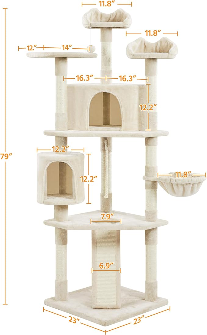 Yaheetech Multi-Level Cat Trees Cat Towers 79in Cat Tree for Indoor Cats with Sisal-Covered Scratching Posts, Plush Perches and Stable Condo for Kittens, Cats and Pets, Beige