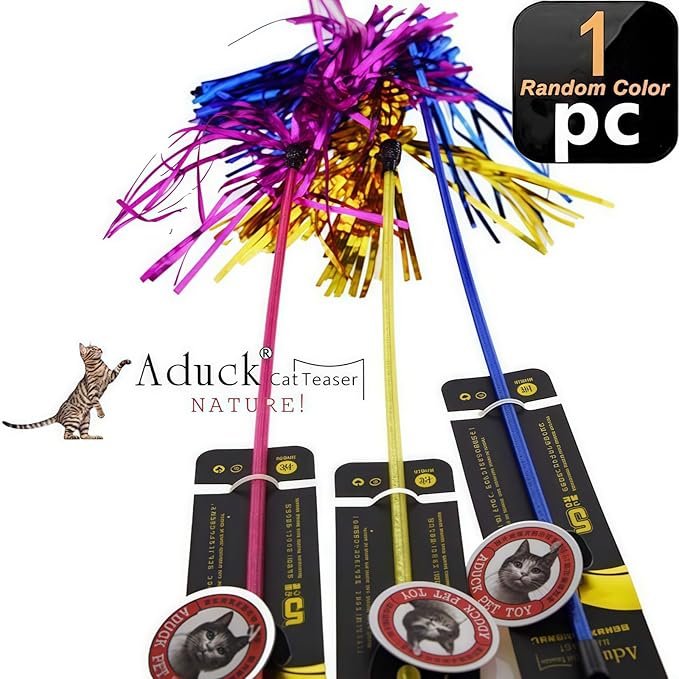 ADUCK Interactive Cat Teaser Wand Toy with Tassels - Durable Cat Chaser for Indoor Kitten Exercise, Boredom Relief & Training Play - Assorted Color, 1 Pack