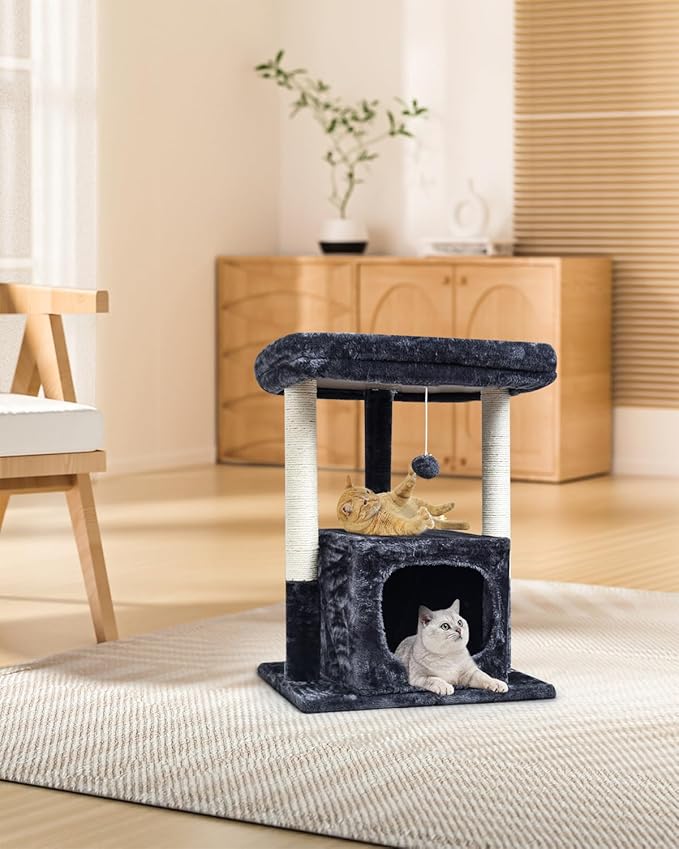 SYANDLVY Cat Tree for Indoor Cats Large Adult, Modern Activity Tower with Scratching Posts, Condo with Plush Perch, Climbing Stand with Spring Ball for Play, Smoky