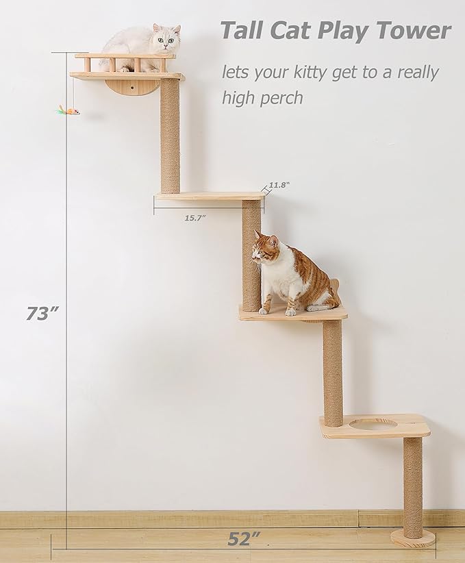 Cat Tree Wall Mounted with 4 Levels Shelves, 73" Wood Corner Tower Inside Kitten Scratching Post for Climbing,Perching and Lounging (Right to Left)