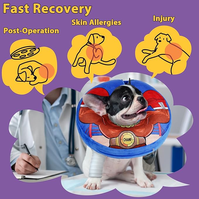 Crazy Felix Soft Donut Cone for Dogs to Stop Licking, French Bulldog Recovery Collar After Surgery Inflatable Cone Alternative for Small Medium Large Dogs, Elizabethan Collar with Boxer Pattern