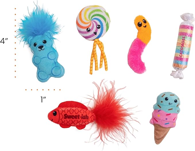 Catstages Kitty Sweet Treats, 6-Pack Catnip Plush Toys with Crinkle & Feathers, Multicolored