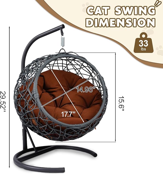KEIKI Cat Hammock with Stand - Rattan Wicker Swing Bed, Cozy Egg Chair for Cats & Small Dogs, Brown Cushion Included