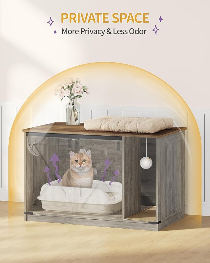 Cat Litter Box Enclosure, Hidden Litter Box Cabinet Furniture with Bell, Indoor Cat House, Farmhouse Style, 39.4 x 21.7X 24.8 Inches, for Hallway, Bedroom, Greige CB85205X