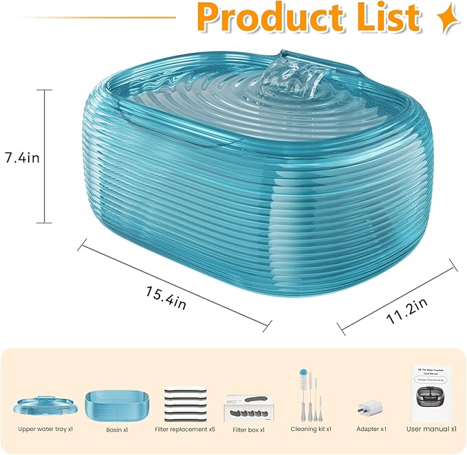 JMICOW 10L/2.6Gal/338oz Dog Water Fountain for Large Dogs, Dog Fountain Water Bowl, Pet Water Fountain with 5 Replacement Filters and 4 Cleaning Brushes (Blue)