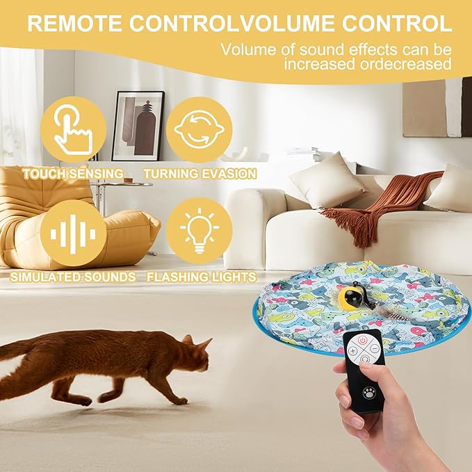 Interactive Cat Toy Ball in Pouch,Simulated Hunting Remote Control Cat Toy,Automatic Ball Fast Rolling in Play Mat, Motion Activated Chirping Hide and Seek Mouse Chasing Game Kitten Toy