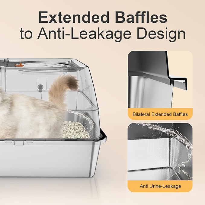 Stainless Steel Cat Litter Box with Lid XL Extra Large Kitty Litter Box Enclosed Top Entry Metal Litterbox for Big Cats Easy Cleaning Anti-Leakage & High Sided with Mat Aisle & Scoop (Dark Grey)