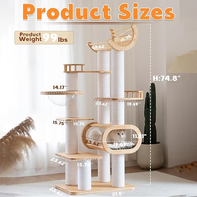 74.8'' Tall Modern Cat Tree for Indoor Large Cats,Luxury Pine Wood Cat Tower for Home Decoration,Multi-Level Huge Cat Furniture with Condo,Clear Bowl,Scratching Posts for Multi-Cat Household