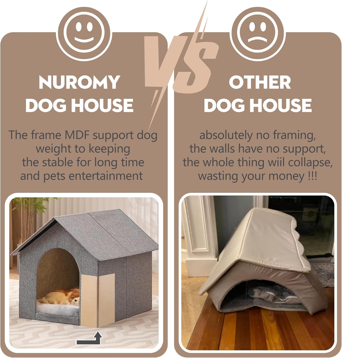Indoor Dog House with Washable Plush Cushion - Medium Size, Suitable for Dogs & Cats