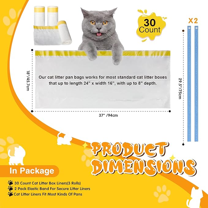 Jumbo Cat Litter Box Liners 37" x 18",30 Count Jumbo Extra Thick With 3 Mil Cat Waste Litter Bags Extra Heavy Duty Large Drawstring Kitty Litter Pan Bags For Pet Supplies