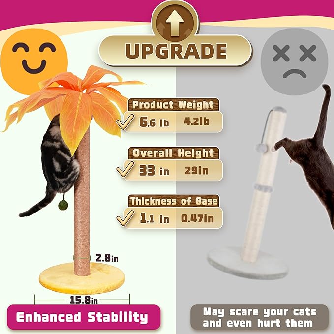 Scratching Post 33 inch Tall for Indoor Cats with Sisal Rope, Scratcher for Cute Kitten, Yellow