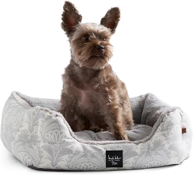 Nicole Miller New York PET Mod Damask Plushy Bolster Pet Bed, Cozy & Calming, Non-Slip Bottom, Machine Washable Cover, Grey, Small 24"x19"x7"