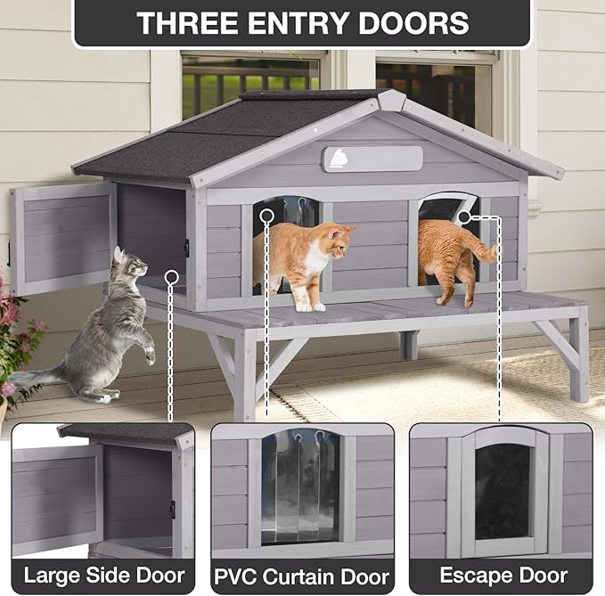 Outdoor Cat House for Feral Cats, Wooden Cat Shelter with Weatherproof Roof and Large Balcony