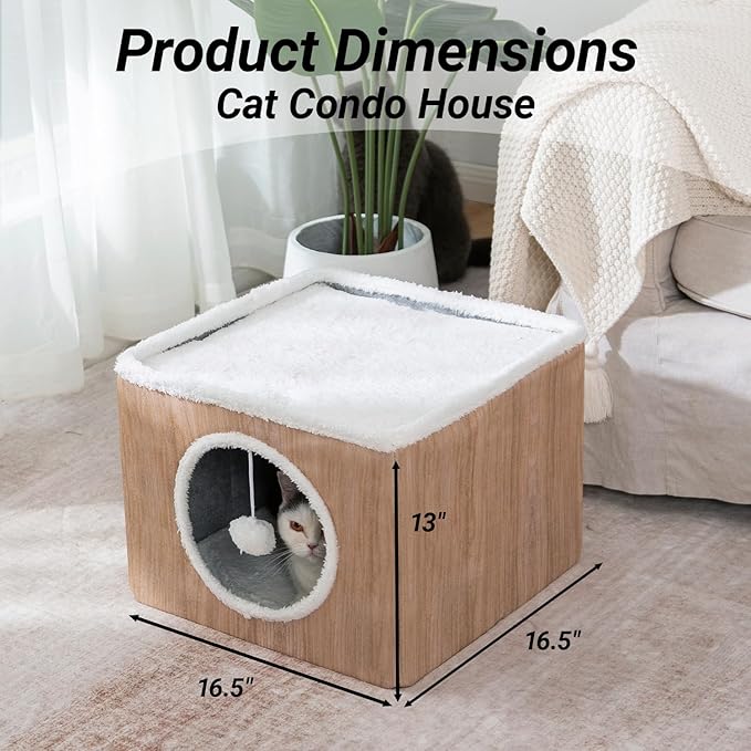 LUCKITTY Cat Condo House with Reversible Cushions and Fluffy Ball Hanging, Foldable Cat Cube, Large Cave Bed for Indoor Kittens, Brown Wood Grain Pattern