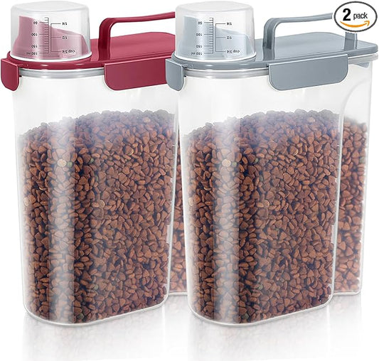 5-7Lbs Dog Cat Food Storage Container with Upgraded Large Nozzle BPA-free, 4 Snap Seals Plastic Pet Food Storage Containers with Handles (2, Gray Blue + Red, 5L)