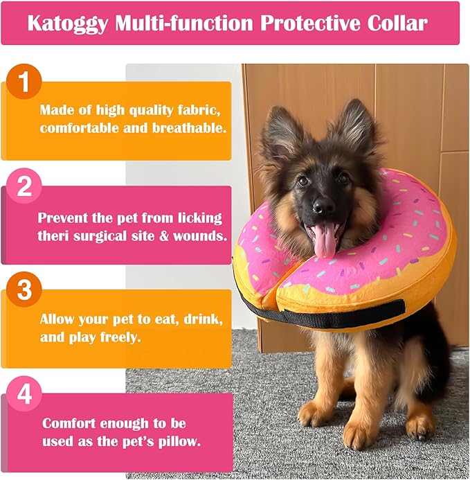 Katoggy Inflatable Cone Collar for Dogs and Cats After Surgery, Soft Adjustable Blow up Donut E-Collar for Small Medium Large Pets