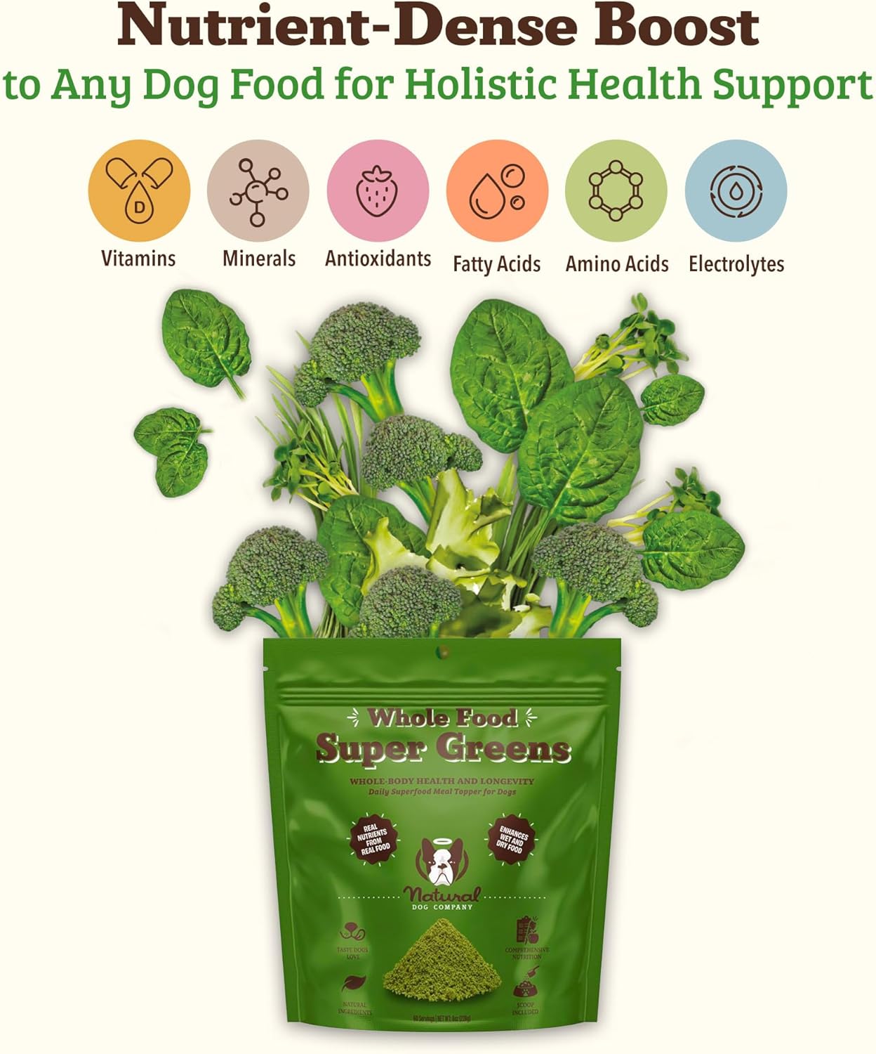 Natural Dog Company Dog Super Greens Food Topper, Dog Multivitamin Powder Vitamins & Supplements, Boost Immunity & Digestion, Wellness Nutrient-Rich Food Seasoning Meal Topper, 8 oz