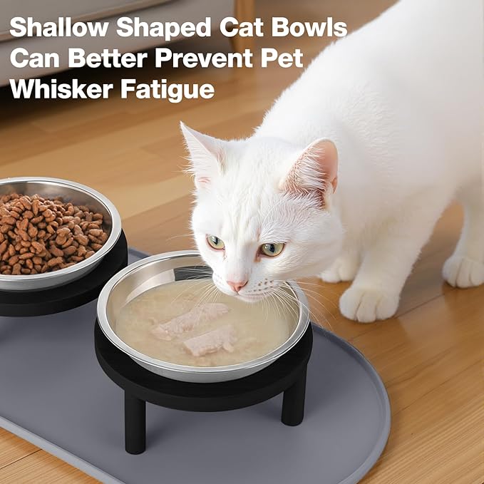 Elevated Cat Bowls with Food Mat,6.3 Inches Shallow Raised Bowls Whisker Friendly,2 Stainless Steel Cat Food and Water Dishes for Cats and Puppies,Dishwasher Safe(Black)