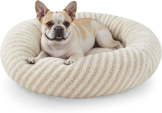 MIXJOY Donut Dog Bed Medium Size, Calming Dog Beds Medium Sized Dogs, Fluffy Plush Faux Fur Round Dog Cat Cuddler with Removable Washable Cover, 30"x30"x8", White