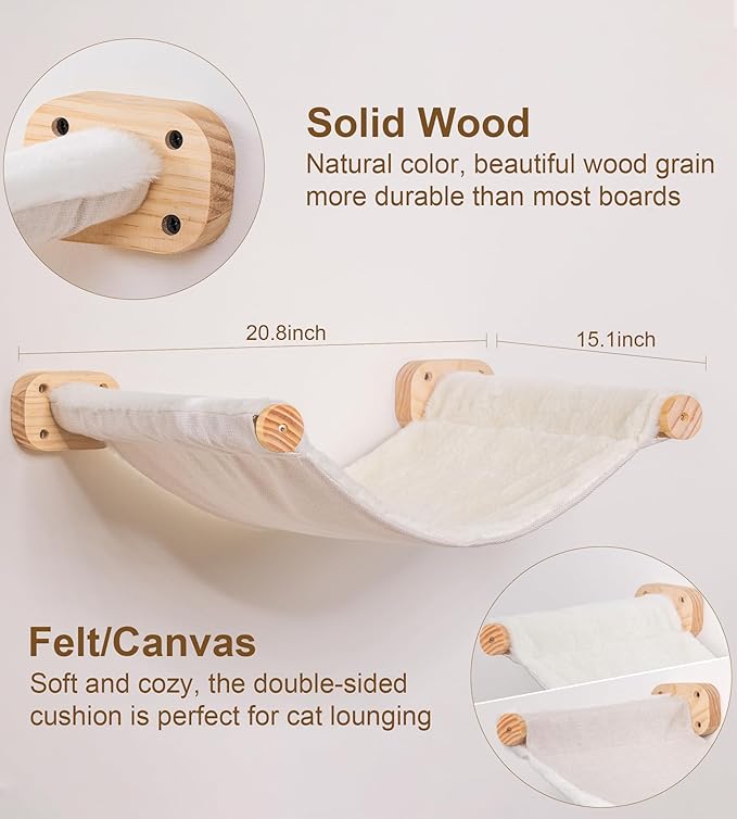 Cat Stairs Hammock Set of 3 – Cat Wall Shelves with 1 Floating Fabric Hammock, 2 Wall Ladders with 4 Steps Each