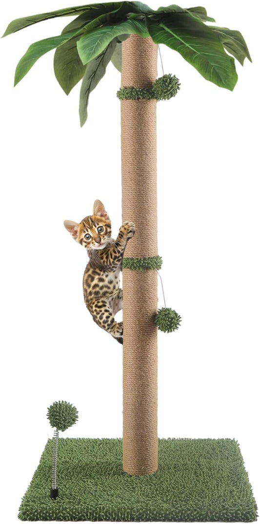 Cat Scratching Post, 34'' Tall Cat Scratchers for Indoor Cats with Hanging Balls, Tall Cute Sisal Kitten Scratch Post with Reinforced Stable Base, Green, Medium