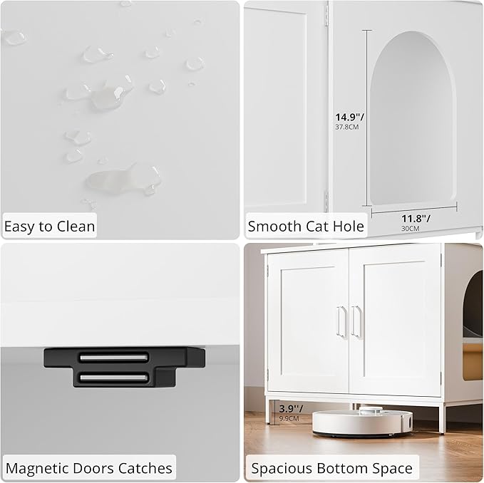 Cozy Castle Litter Box Enclosure, 57'' Cat Litter Box Furniture with Large Cabinet, Shelves, Hidden Cat House for Most of Litter Boxes, Wooden Pet Washroom Indoor, White, No-Hook