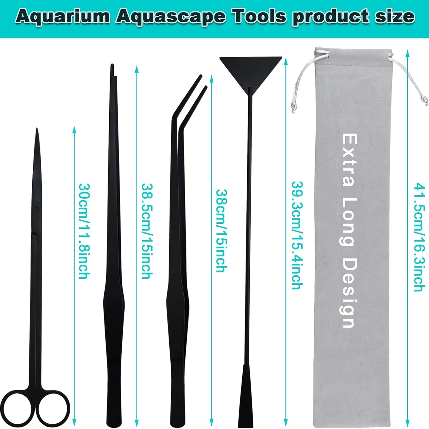 Aquarium Aquascape Tools Kit, Long 15 Inch Stainless Steel Aquatic Plants Tools, 4 in 1 Anti-Rust Black Aquascaping Tweezers Scissors Spatula Scrapers Tool Set for Fish Tank Cleaning Plant Trimming