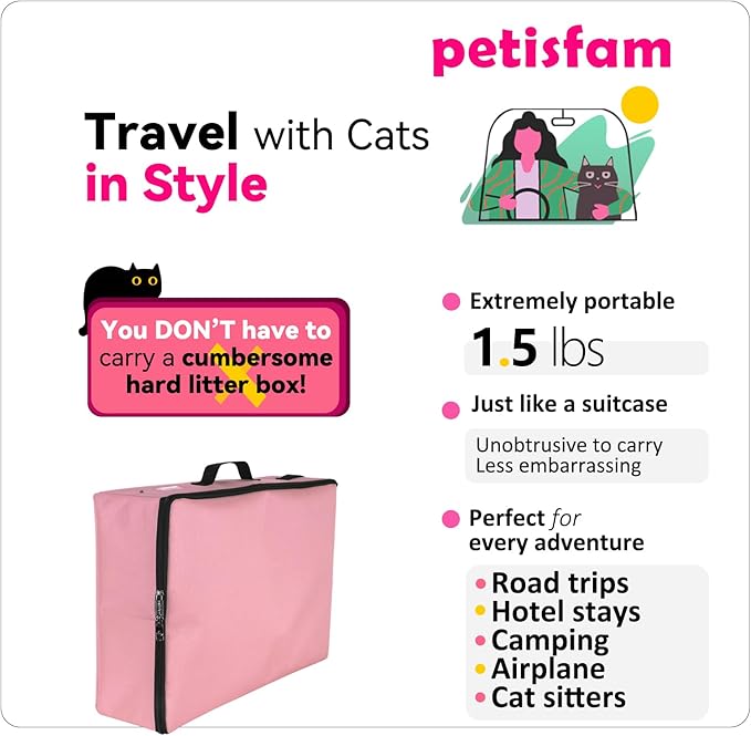 Portable Cat Travel Litter Box with Zipped Lid to Keep Odor and Litter Contained. Lightweight to Carry to Anywhere. Easy to Clean (Pink, Large)
