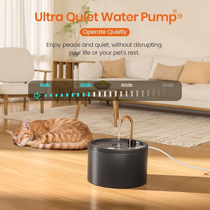Ceramic Cat Water Fountain - 2.1L/71oz - All-Ceramic Body & Pure Copper Water Spout - Automatic Pet Drinking Fountain for Cats Indoor with Ultra-Quiet Pump, and 3Pcs Filter & Sponge (Black)
