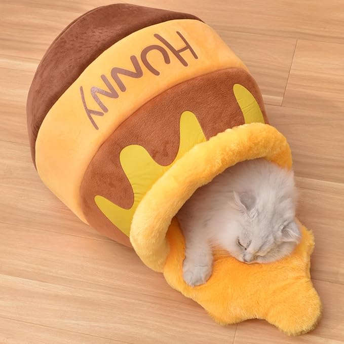 Honey Pot Cat Cave Bed, Soft and Thick Rebound Sponge Pet Nest with Removable & Washable Cushion, Cute Cartoon Design for Small Cats and Breeds