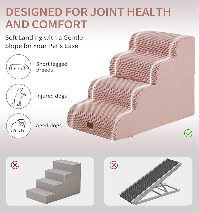 Made4Pets Dog Stairs Ramp for Bed, 4-Step Dog Steps for High Bed Couch Sofa Climbing, 35D Foam Pet Steps for Small Dogs and Cats, Non-Slip Bottom Pet Stairs, Pink