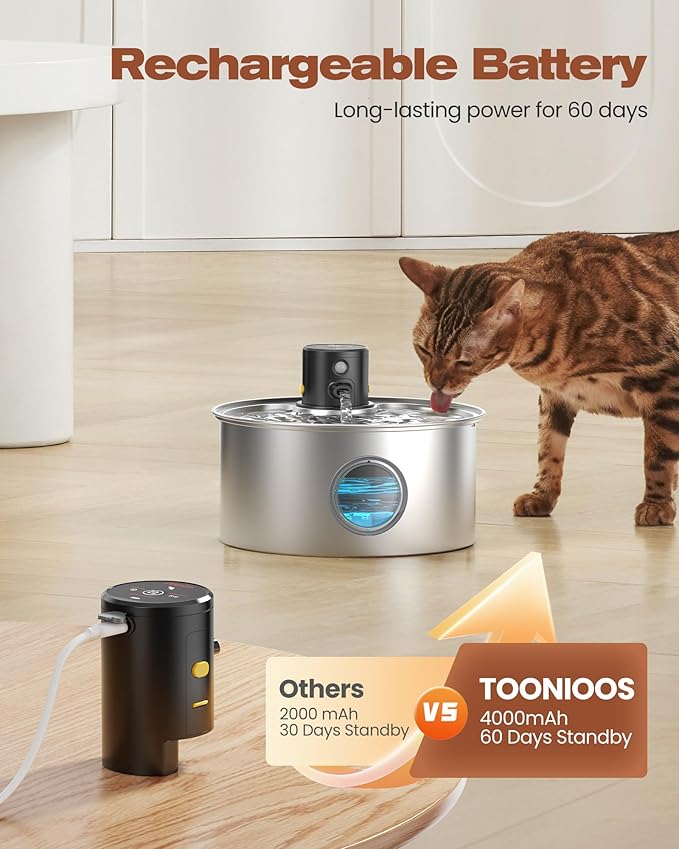 Cat Water Fountain Battery Powered: Cordless Cat Fountain Wireless - Rechargeable Pet Water Fountain Stainless Steel - 108oz/3.2L Automatic Kitty Water Fountain with Motion Sensor - 9 Filters