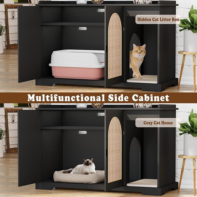 Large/Tall Cat Litter Box Enclosure, Hidden Litter Box with Convenient Entrance Large Shelf, Farmhouse Enclosed Litter Box Cabinet Rattan Cat House for Living Room Entryway (Black)