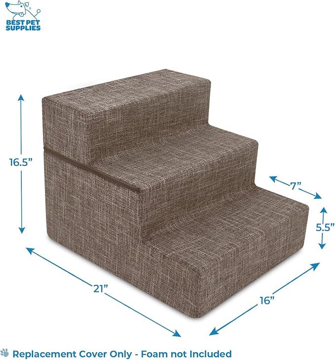 Best Pet Supplies Dog Stairs & Steps - Foam Steps for Small Dogs & Cats, Non-Slip Indoor Balanced Pet Step Support, Dog Ramp, No Assembly, Brown Linen, Foldable 3-Step (16.5-inch Height)