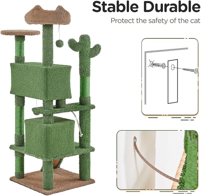 Yaheetech Cactus Cat Tree, 54.5in Tower w/Ramp, Animal-Ear Shaped Perch, Scratching Posts, Platform & Hanging Ball, Multi-Level Condo for Indoor Kittens, Green/Brown