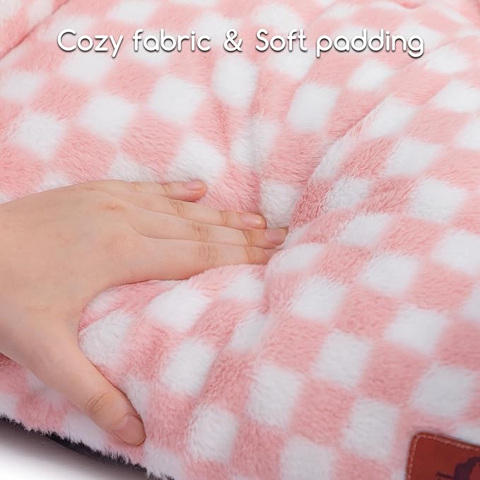 Hollypet Fluffy Plush Dog Cat Pet Couch Soft Calming Sofa Bed for Medium Small Cats and Dogs, Pink and White